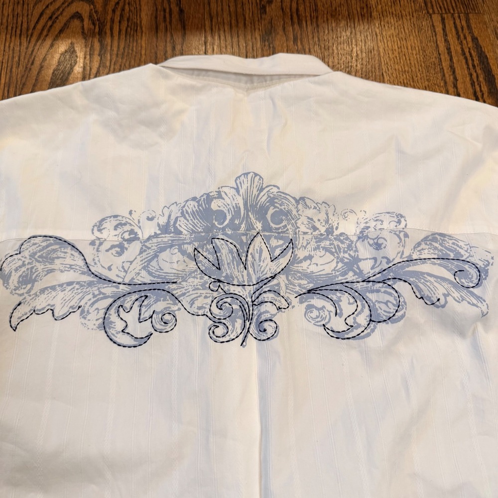 Indigo Joe White Dobby Stripe Graphic Embroidered Button Down Shirt Large White - Picture 6 of 9